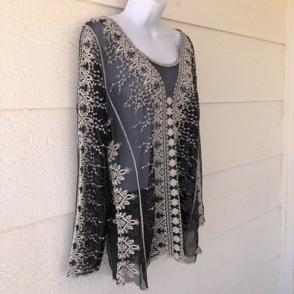 Capri Size Large Sheer Beautifully Embroidered Black Long Sleeve Long Line Top - Picture 2 of 11